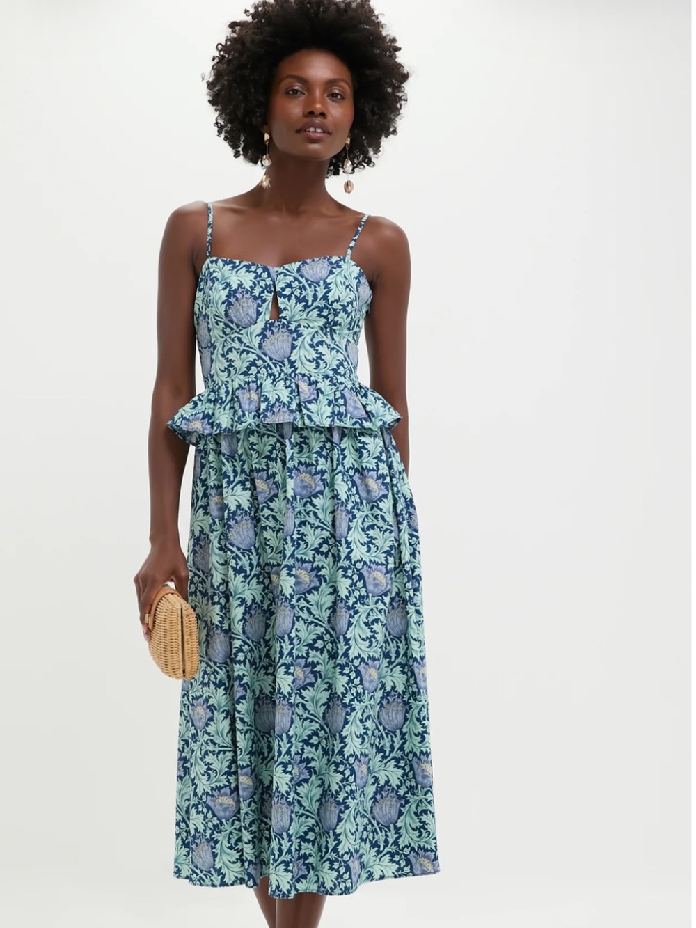 Floral Blue-Green Midi Dress with Peplum Waist